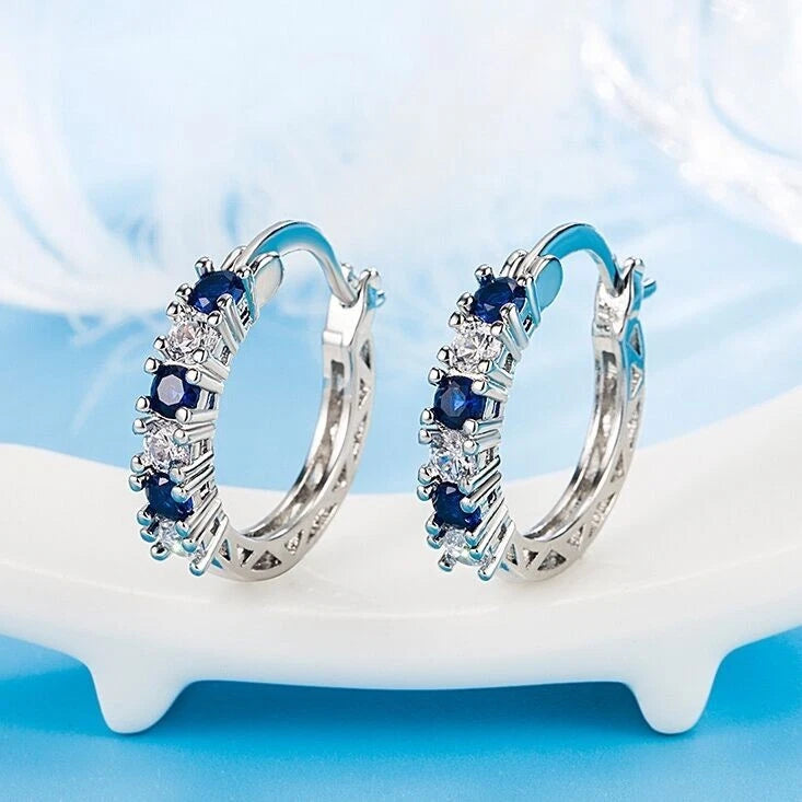 Silver Blue Crystal Hoop Earrings for Women
