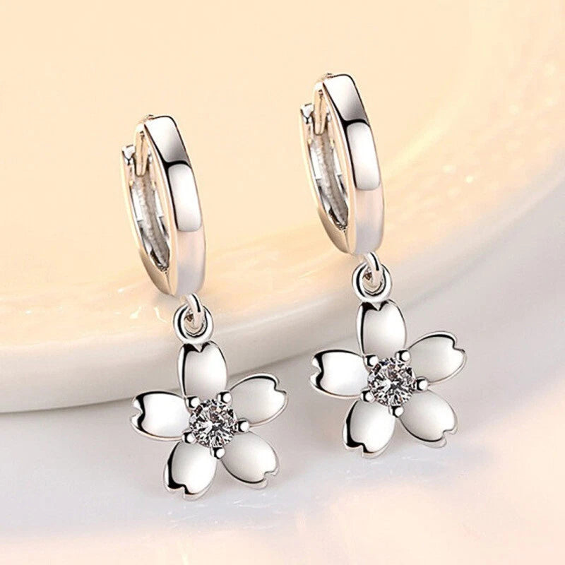 Lovely Flower  Sterling Silver Hoop Earrings