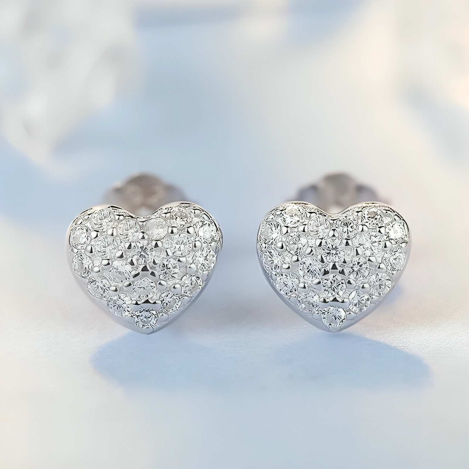 Silver Heart Crystal Stud Earrings for Women
