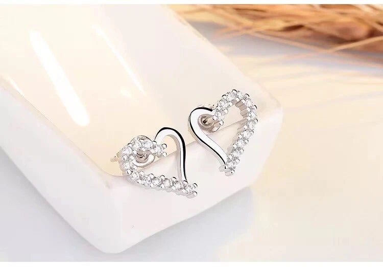 Silver Crystal Heart Stud Earrings for Women