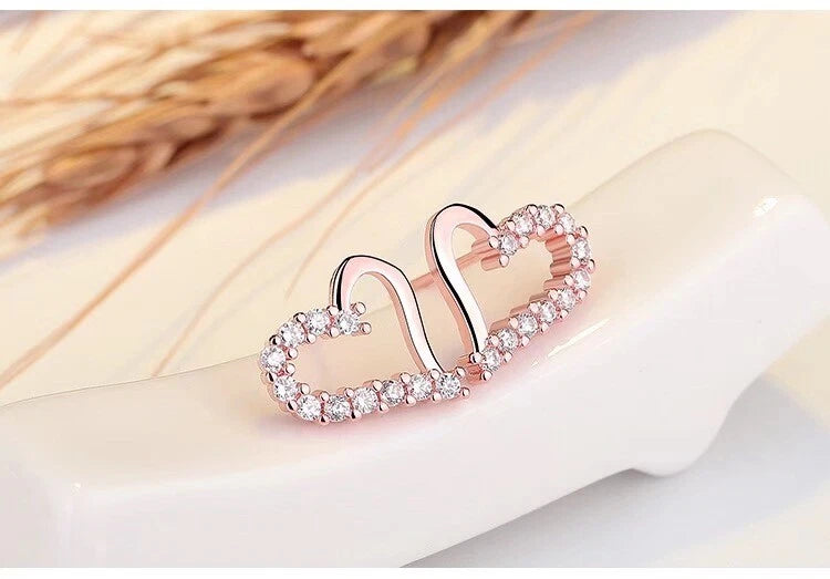 Silver Crystal Heart Stud Earrings for Women