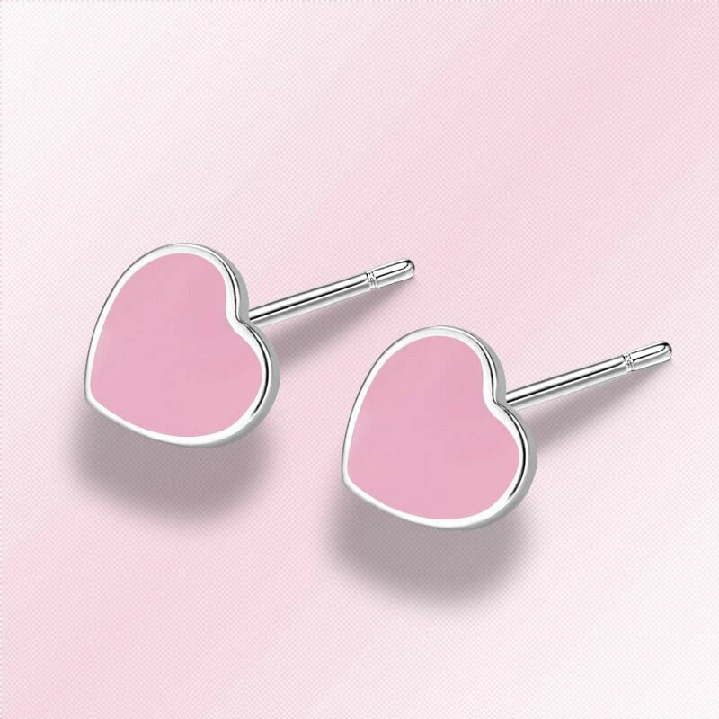 Pink Heart Sterling Silver Stud Earrings