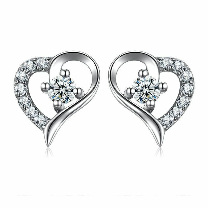 Silver Heart Crystal Stud Earrings for Women
