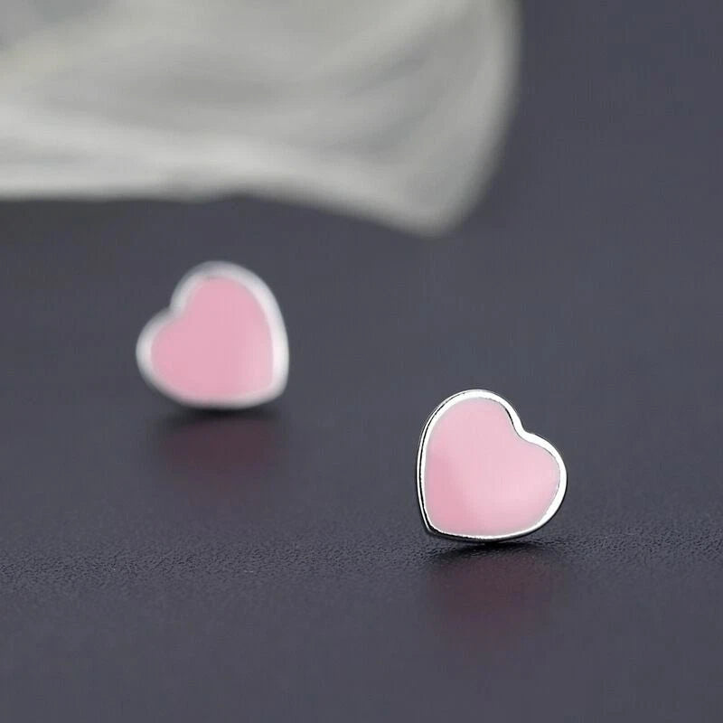 Pink Heart Sterling Silver Stud Earrings