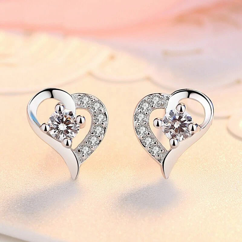 Silver Heart Crystal Stud Earrings for Women