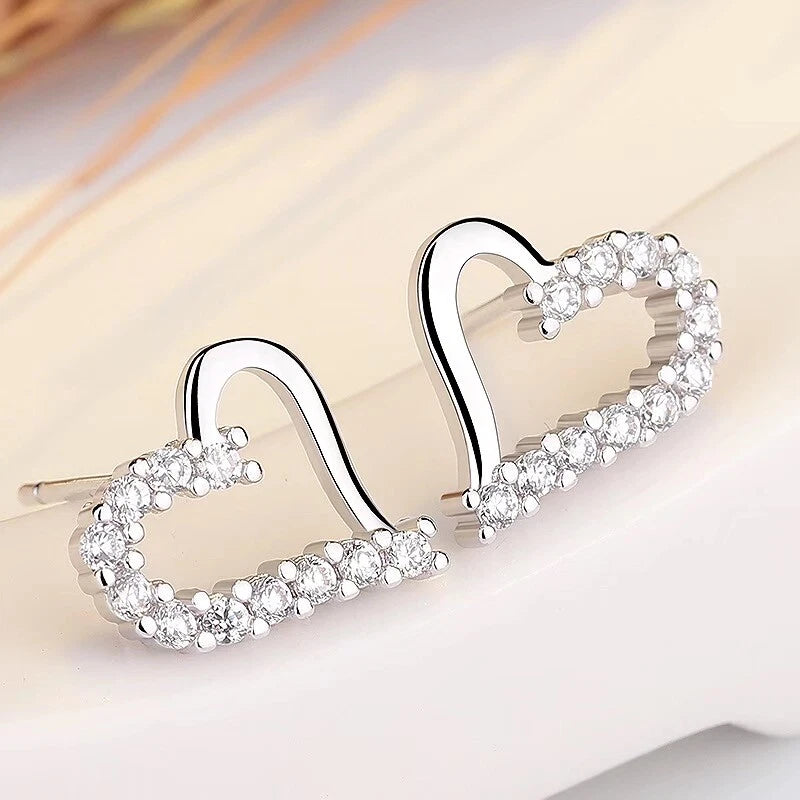 Silver Crystal Heart Stud Earrings for Women