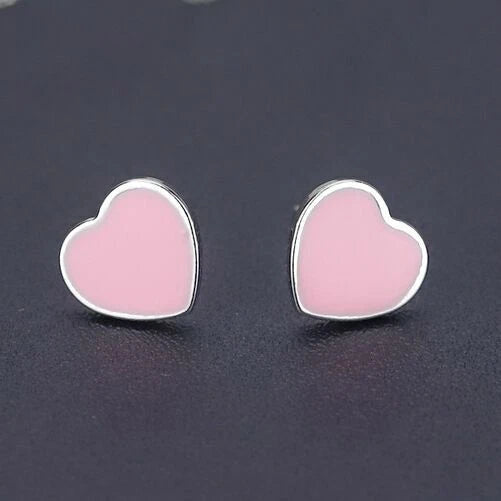 Pink Heart Sterling Silver Stud Earrings