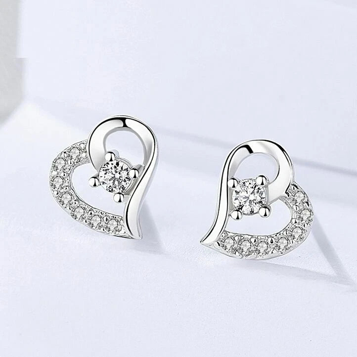 Silver Heart Crystal Stud Earrings for Women