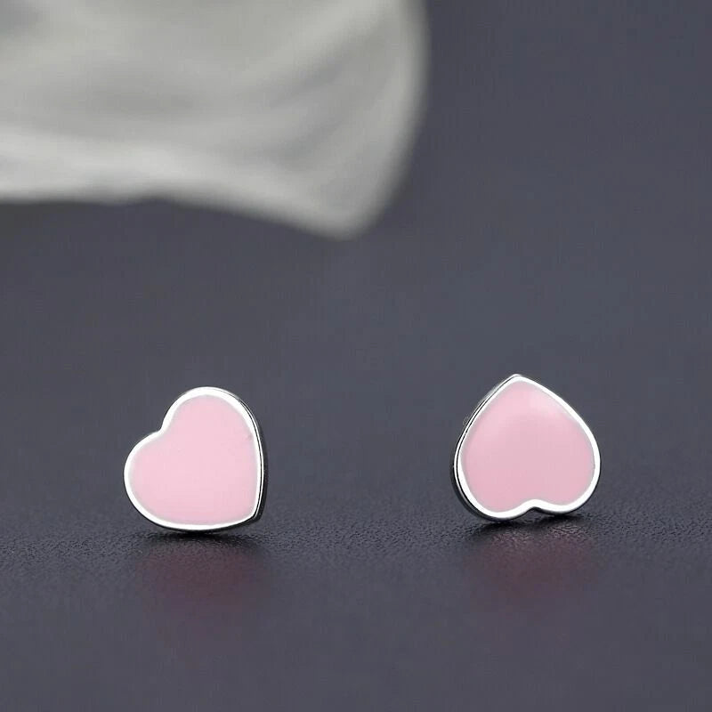Pink Heart Sterling Silver Stud Earrings