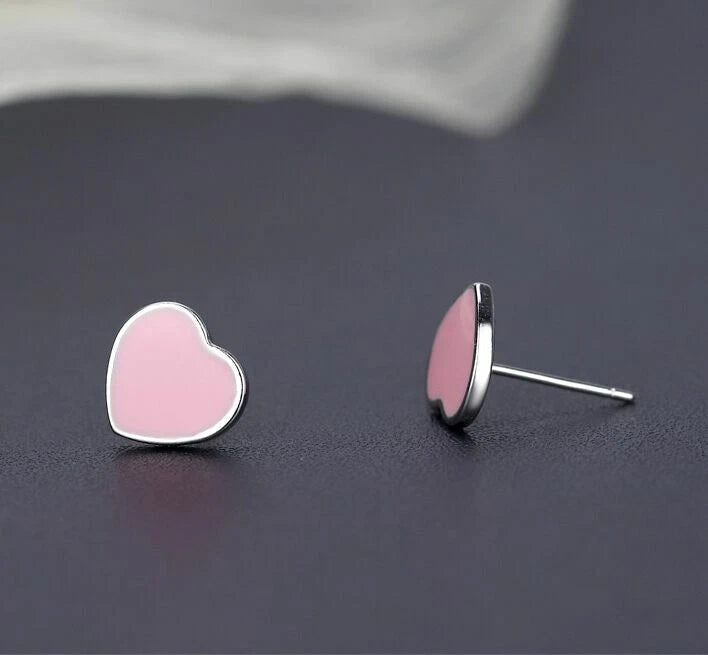 Pink Heart Sterling Silver Stud Earrings