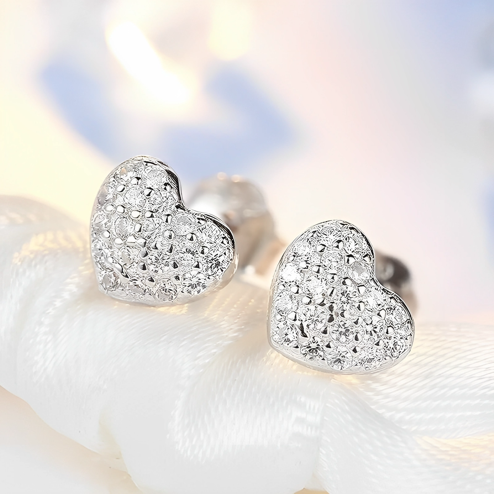Silver Heart Crystal Stud Earrings for Women