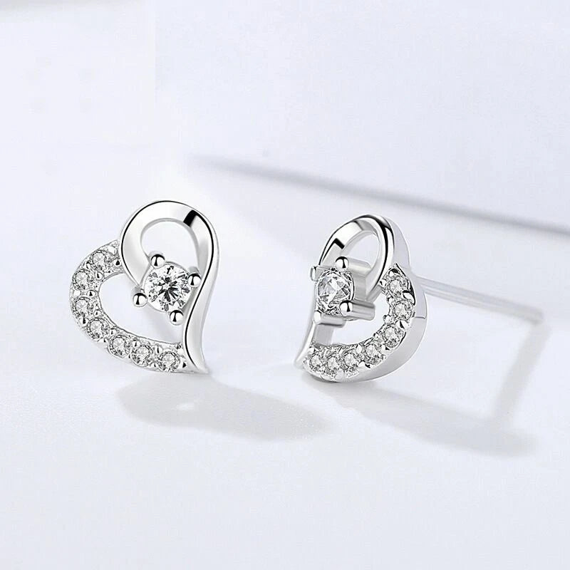 Silver Heart Crystal Stud Earrings for Women