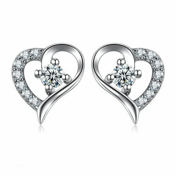 Silver Heart Crystal Stud Earrings for Women