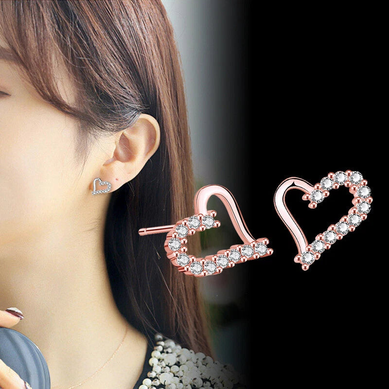 Silver Crystal Heart Stud Earrings for Women