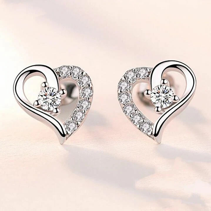 Silver Heart Crystal Stud Earrings for Women